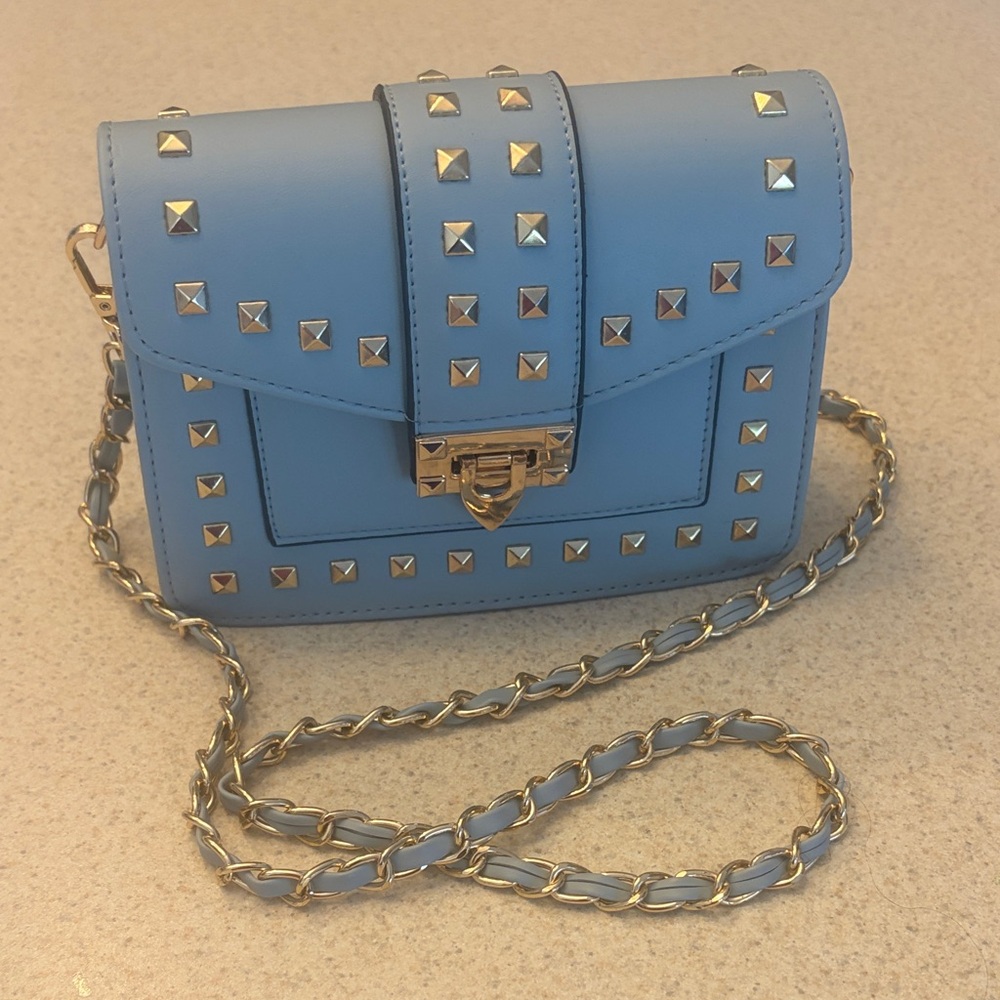 Light Blue Studded Chain Crossbody Bag with Gold Hardware MW Small elegant
